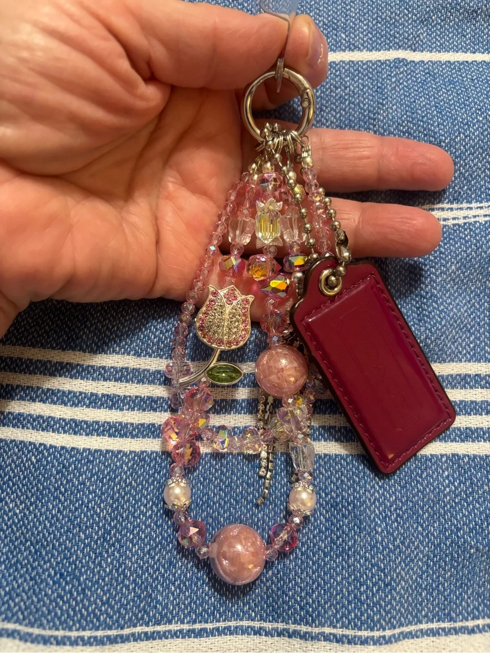 Coach hangtag with Pink and Burgundy Crystal Beaded Bag Charm with Tulip Accent - Picture 4 of 9